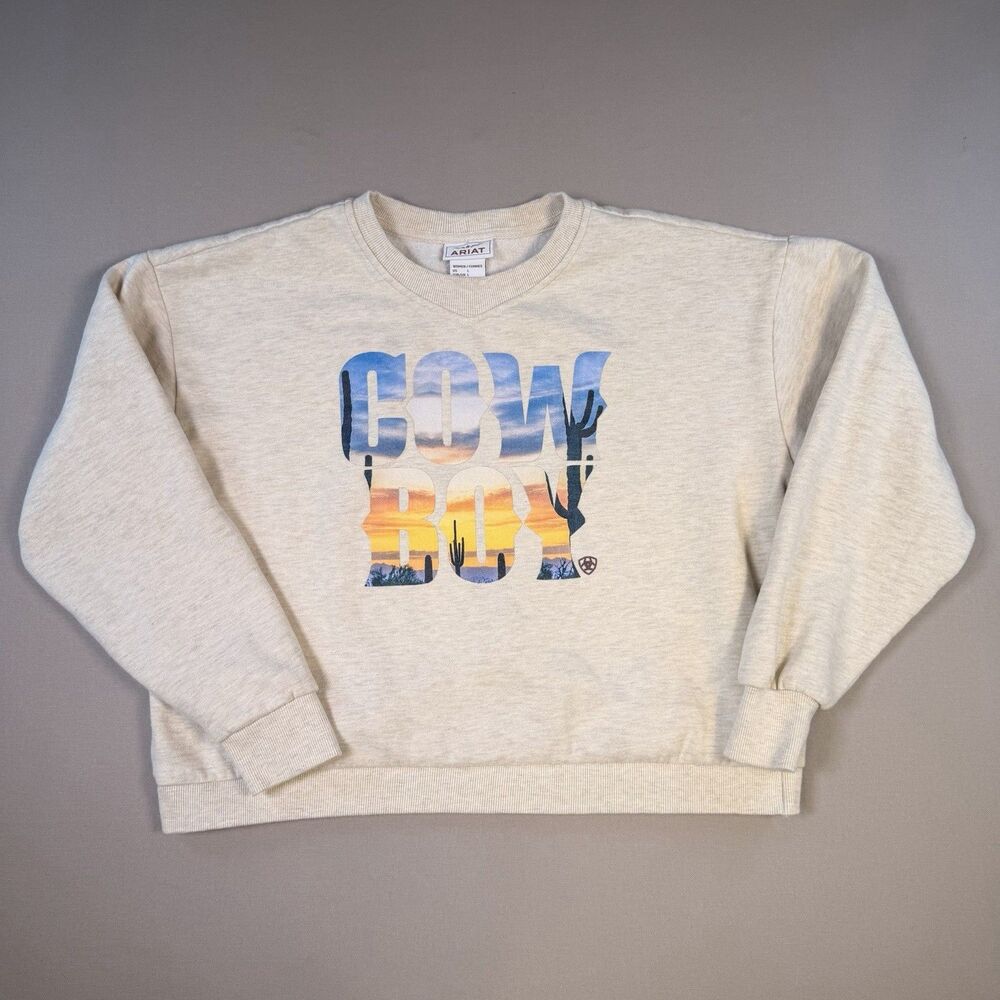 Ariat Cowboy Crew Neck Sweatshirt Womens Large Beige Western Cowgirl EUC